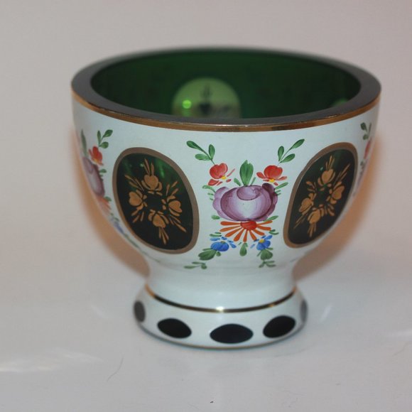 Czech Bohemian Glass Green Cased to White Small Bowl Hand Painted LOT 8155 - Picture 1 of 7